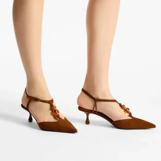 Pantofi cu baretă din piele de căprioară Lauri 50, de culoare maro deschis, cu mărgele
