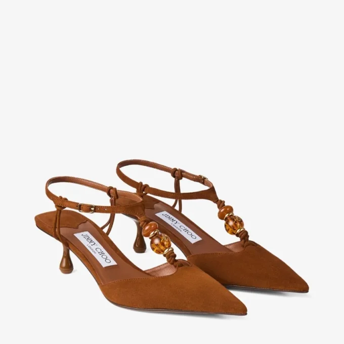 Pantofi cu baretă din piele de căprioară Lauri 50, de culoare maro deschis, cu mărgele Pantofi cu baretă din piele de căprioară Lauri 50, de culoare maro deschis, cu mărgele