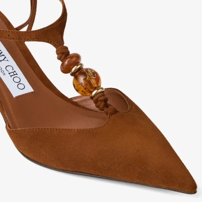 Pantofi cu baretă din piele de căprioară Lauri 50, de culoare maro deschis, cu mărgele Pantofi cu baretă din piele de căprioară Lauri 50, de culoare maro deschis, cu mărgele