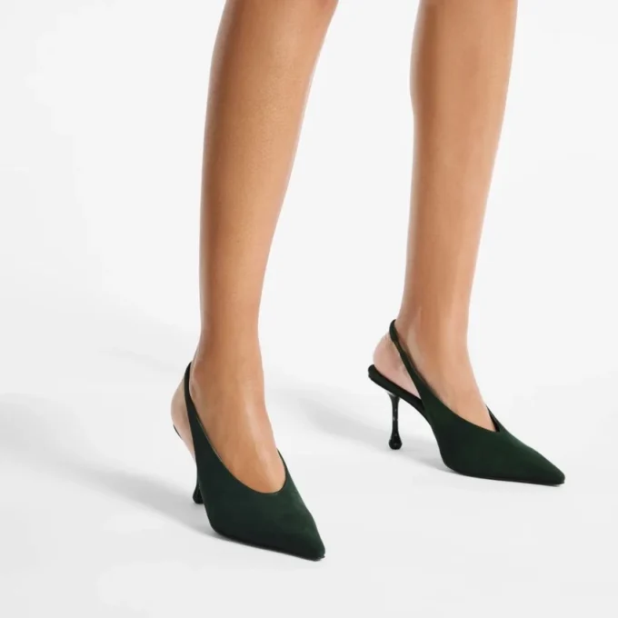 Pantofi cu baretă Isa 80 din piele de căprioară verde britanic cu tocuri punctate