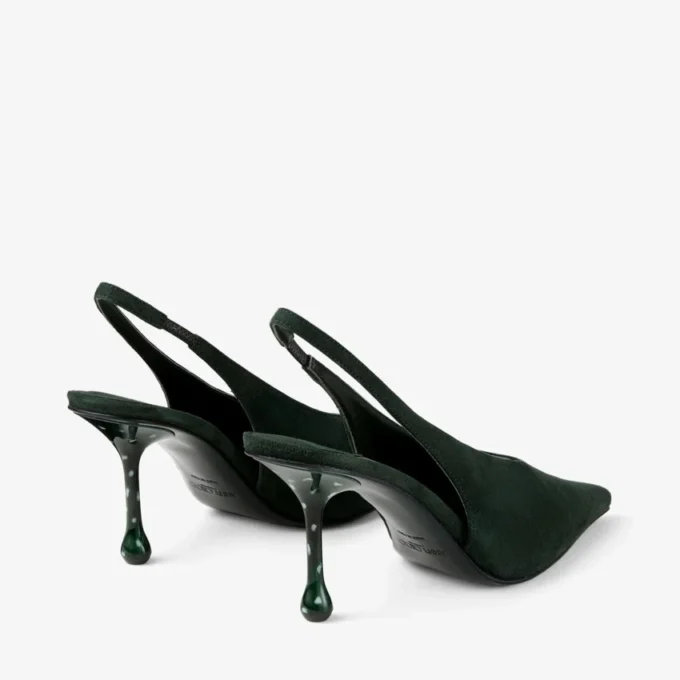 Pantofi cu baretă Isa 80 din piele de căprioară verde britanic cu tocuri punctate