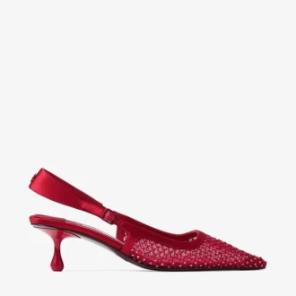 Pantofi cu toc Amel 50 din plasă de cristal roșu rubiniu și satin Pantofi cu toc Amel 50 din plasă de cristal roșu rubiniu și satin