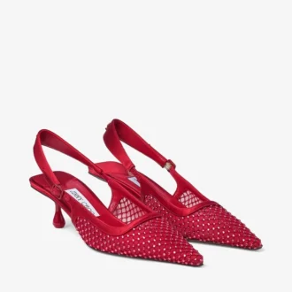 Pantofi cu toc Amel 50 din plasă de cristal roșu rubiniu și satin Pantofi cu toc Amel 50 din plasă de cristal roșu rubiniu și satin