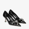 Pantofi cu toc Auria 70 negri din piele moale spazzolato, cu fundă din catifea și cristale Pantofi cu toc Auria 70 negri din piele moale spazzolato, cu fundă din catifea și cristale