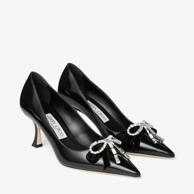 Pantofi cu toc Auria 70 negri din piele moale spazzolato, cu fundă din catifea și cristale Pantofi cu toc Auria 70 negri din piele moale spazzolato, cu fundă din catifea și cristale