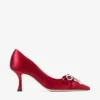 Pantofi cu toc Auria 70 roșu rubiniu din satin, cu fundă din satin și cristale Pantofi cu toc Auria 70 roșu rubiniu din satin, cu fundă din satin și cristale
