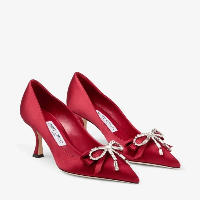 Pantofi cu toc Auria 70 roșu rubiniu din satin, cu fundă din satin și cristale Pantofi cu toc Auria 70 roșu rubiniu din satin, cu fundă din satin și cristale