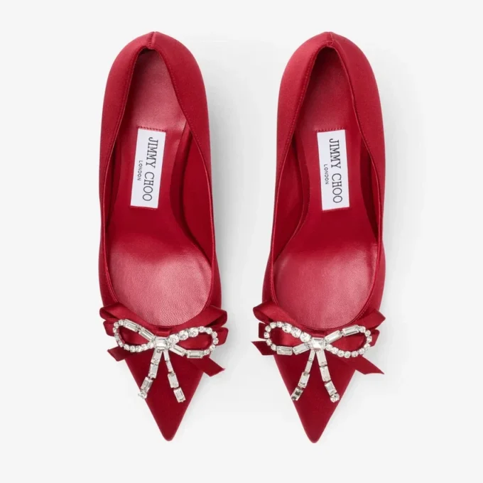 Pantofi cu toc Auria 70 roșu rubiniu din satin, cu fundă din satin și cristale Pantofi cu toc Auria 70 roșu rubiniu din satin, cu fundă din satin și cristale