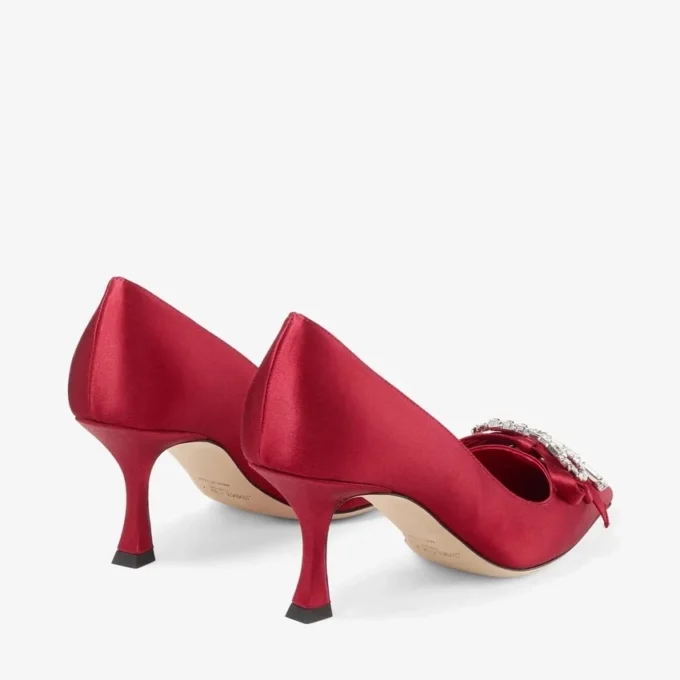 Pantofi cu toc Auria 70 roșu rubiniu din satin, cu fundă din satin și cristale Pantofi cu toc Auria 70 roșu rubiniu din satin, cu fundă din satin și cristale