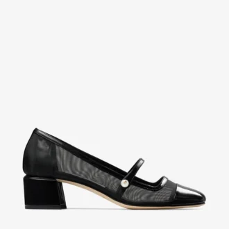 Pantofi cu toc Elisa 45 din piele lăcuită neagră și plasă