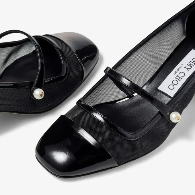 Pantofi cu toc Elisa 45 din piele lăcuită neagră și plasă