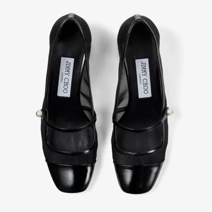 Pantofi cu toc Elisa 45 din piele lăcuită neagră și plasă