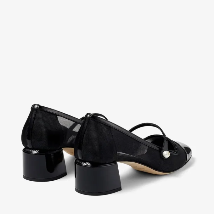 Pantofi cu toc Elisa 45 din piele lăcuită neagră și plasă
