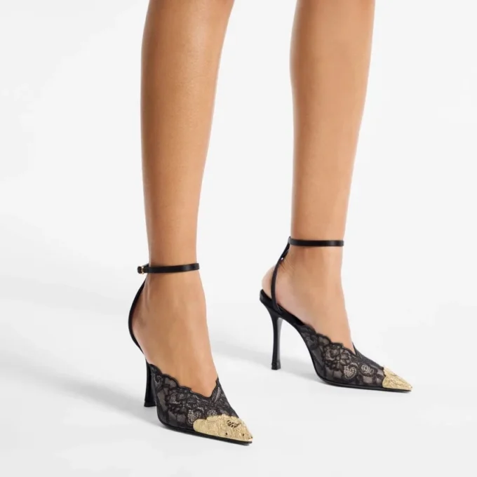 Pantofi cu toc Faiz 100 negri jimmy choo cu dantelă și detalii metalice Pantofi cu toc Faiz 100 negri jimmy choo cu dantelă și detalii metalice