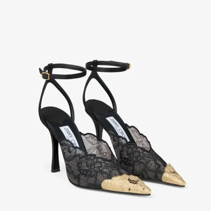 Pantofi cu toc Faiz 100 negri jimmy choo cu dantelă și detalii metalice Pantofi cu toc Faiz 100 negri jimmy choo cu dantelă și detalii metalice