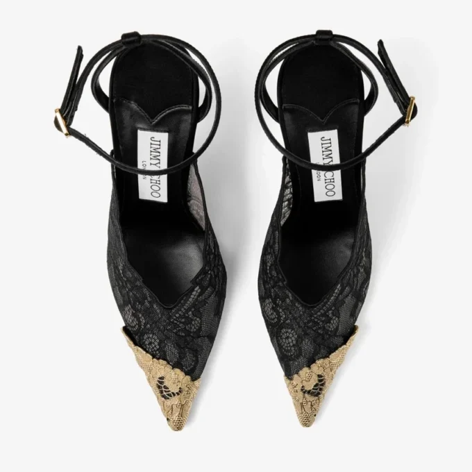 Pantofi cu toc Faiz 100 negri jimmy choo cu dantelă și detalii metalice Pantofi cu toc Faiz 100 negri jimmy choo cu dantelă și detalii metalice