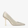 Pantofi cu toc Ixia 95 din satin galben unt, cu strasuri