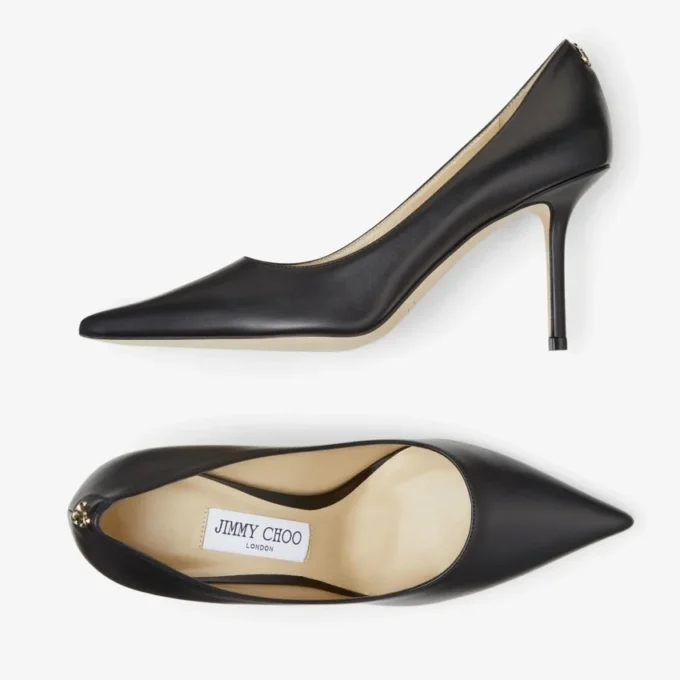 Pantofi cu toc Love 85 din piele de vițel neagră cu emblemă Jc
