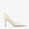 Pantofi cu toc Love 85 din piele lăcuită Latte cu emblemă Jc