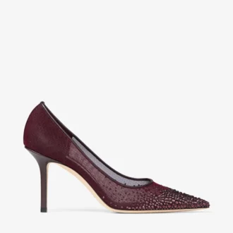Pantofi cu toc Love 85 din plasă de culoare merlot intens, cu cristale Galaxy
