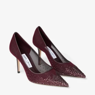 Pantofi cu toc Love 85 din plasă de culoare merlot intens, cu cristale Galaxy