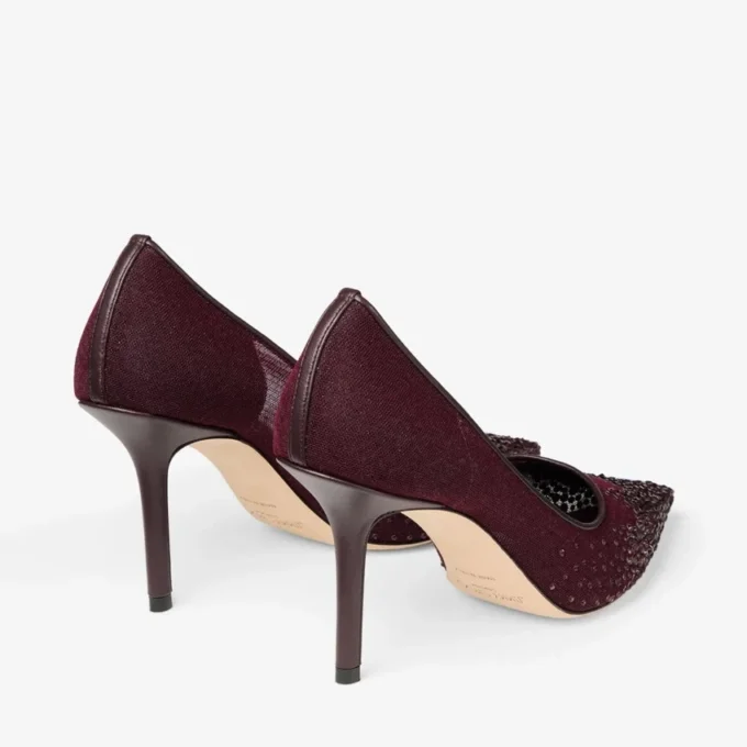 Pantofi cu toc Love 85 din plasă de culoare merlot intens, cu cristale Galaxy Pantofi cu toc Love 85 din plasă de culoare merlot intens, cu cristale Galaxy