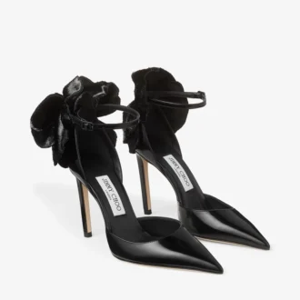 Pantofi cu toc Marja 100 negri din piele moale Spazzolato, cu corsaj scurt din beteală Pantofi cu toc Marja 100 negri din piele moale Spazzolato, cu corsaj scurt din beteală