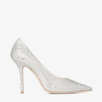 Pantofi cu toc înalt Love 100 din satin ivoriu cu ornamente din cristale Pantofi cu toc înalt Love 100 din satin ivoriu cu ornamente din cristale