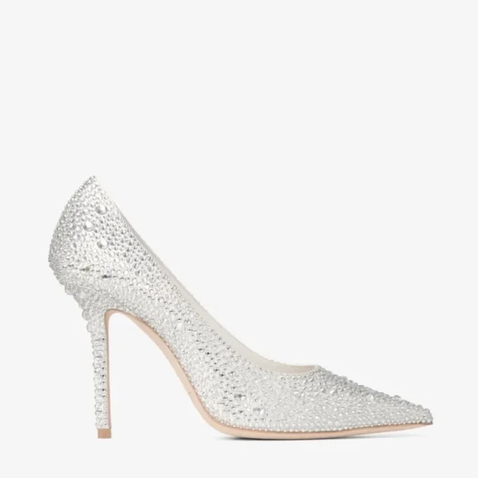 Pantofi cu toc înalt Love 100 din satin ivoriu cu ornamente din cristale