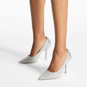 Pantofi cu toc înalt Love 100 din satin ivoriu cu ornamente din cristale Pantofi cu toc înalt Love 100 din satin ivoriu cu ornamente din cristale