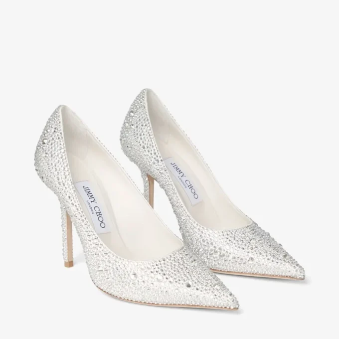 Pantofi cu toc înalt Love 100 din satin ivoriu cu ornamente din cristale