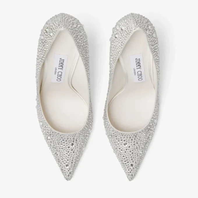 Pantofi cu toc înalt Love 100 din satin ivoriu cu ornamente din cristale