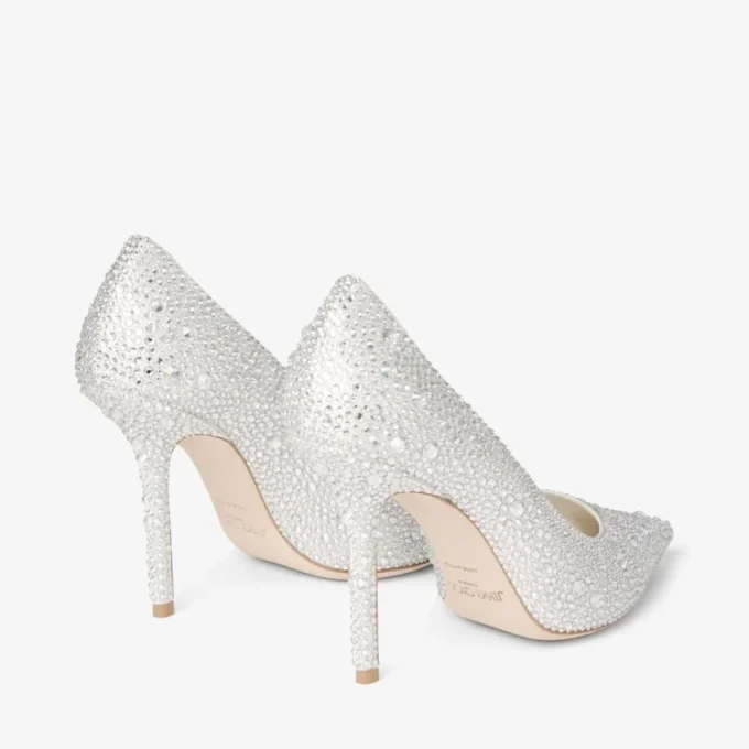 Pantofi cu toc înalt Love 100 din satin ivoriu cu ornamente din cristale