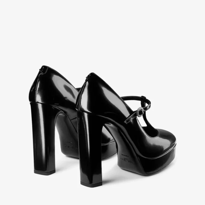 Pantofi cu toc înalt Marene Mary Jane 120 din piele de vițel lustruită neagră, cu cataramă cu cristale Pantofi cu toc înalt Marene Mary Jane 120 din piele de vițel lustruită neagră, cu cataramă cu cristale