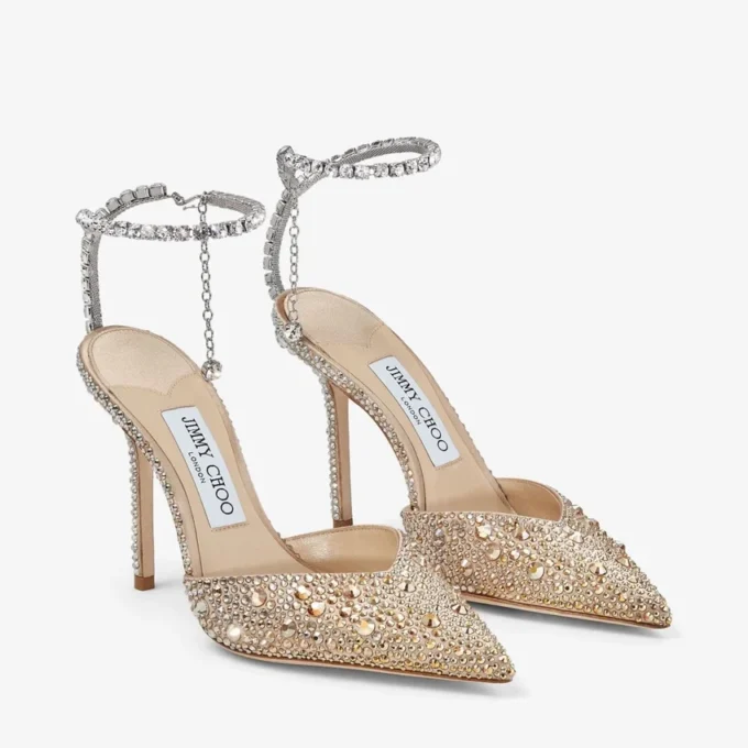 Pantofi cu toc înalt Saeda 100 din satin auriu cu cristale