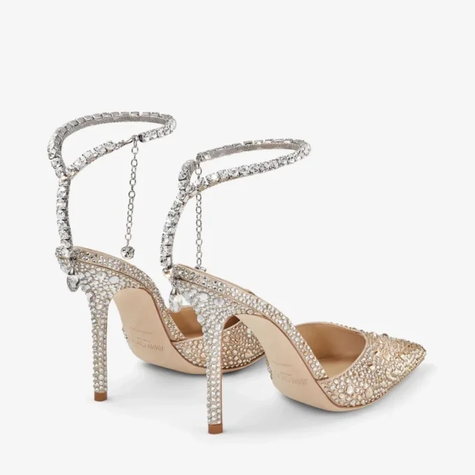 Pantofi cu toc înalt Saeda 100 din satin auriu cu cristale