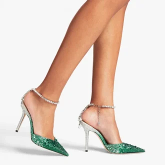 Pantofi cu toc înalt Saeda 100 din satin smarald cu cristale Pantofi cu toc înalt Saeda 100 din satin smarald cu cristale