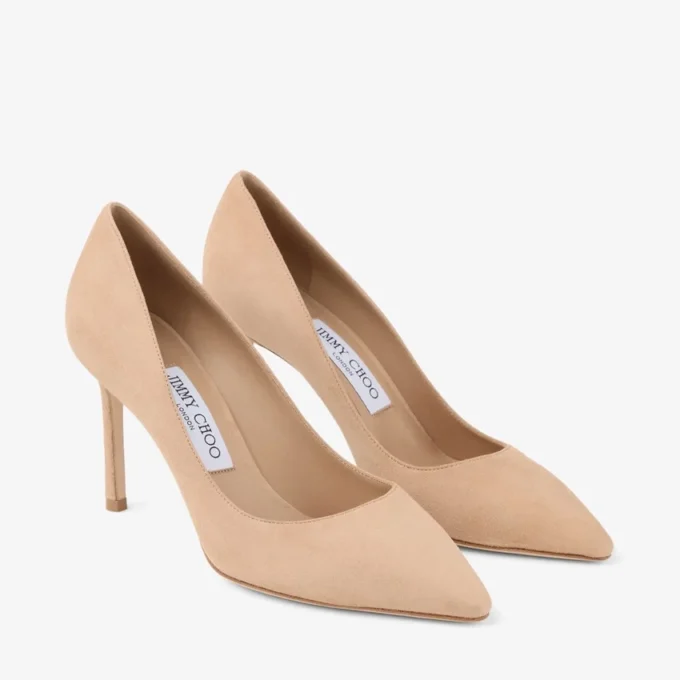 Pantofi cu toc Romy 85 din piele de căprioară în nuanțe de chai