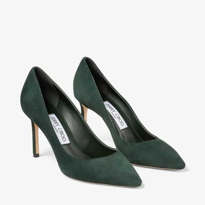 Pantofi cu toc Romy 85 din piele de căprioară în nuanțe de verde britanic