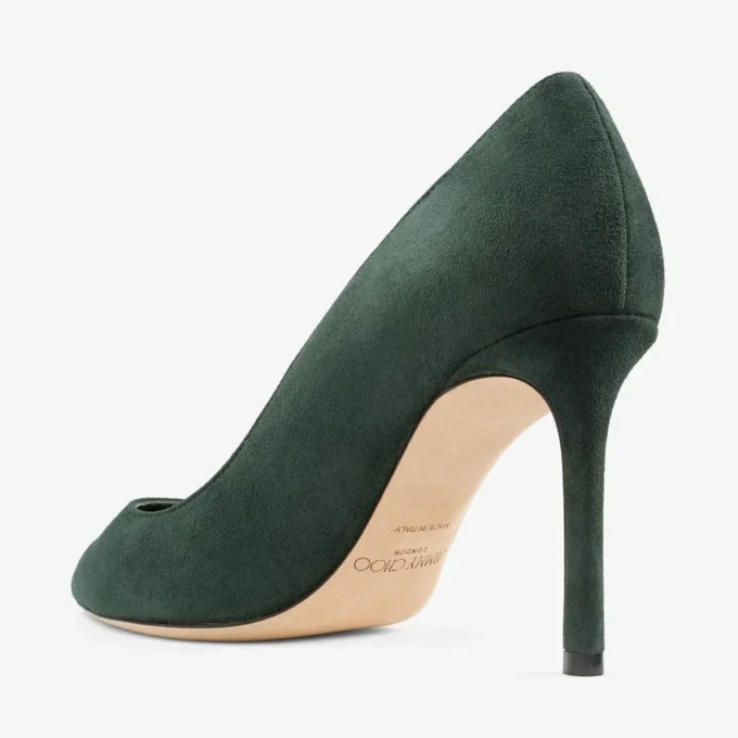 Pantofi cu toc Romy 85 din piele de căprioară în nuanțe de verde britanic