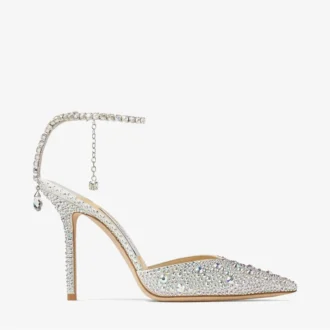 Pantofi cu toc Saeda 100 din satin ivoriu cu ornamente din cristal Pantofi cu toc Saeda 100 din satin ivoriu cu ornamente din cristal