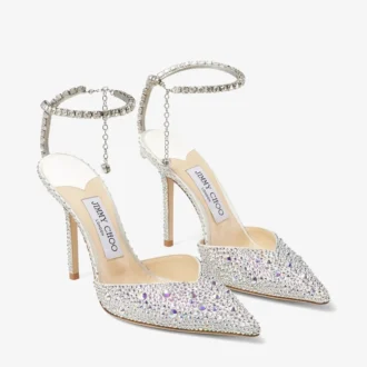 Pantofi cu toc Saeda 100 din satin ivoriu cu ornamente din cristal Pantofi cu toc Saeda 100 din satin ivoriu cu ornamente din cristal