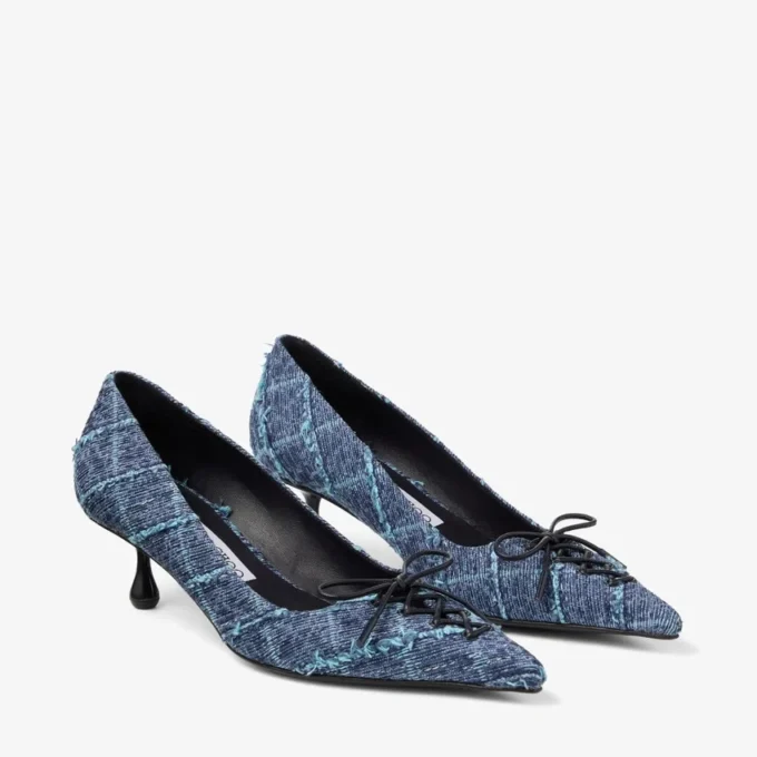 Pantofi cu toc Scarlett 50 din denim cu model în cruciulițe Pantofi cu toc Scarlett 50 din denim cu model în cruciulițe