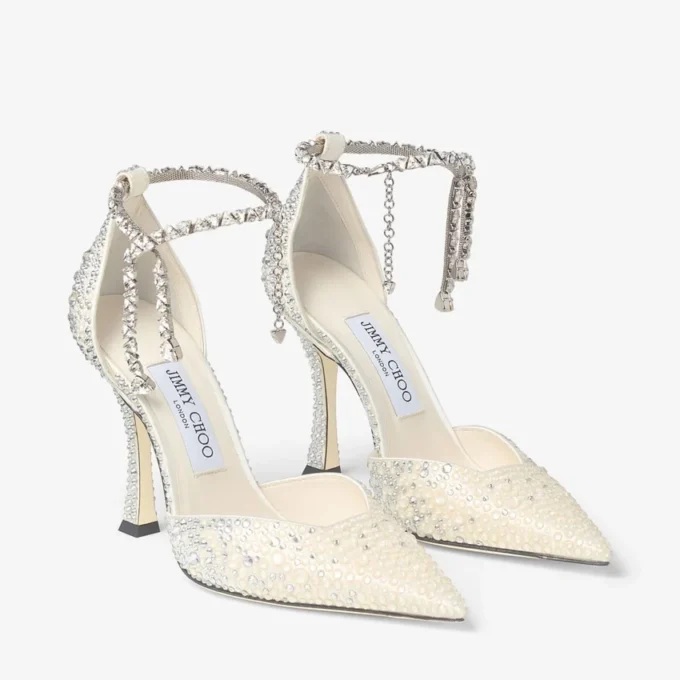 Pantofi cu toc Stevie 100 din satin ivoriu cu cristale