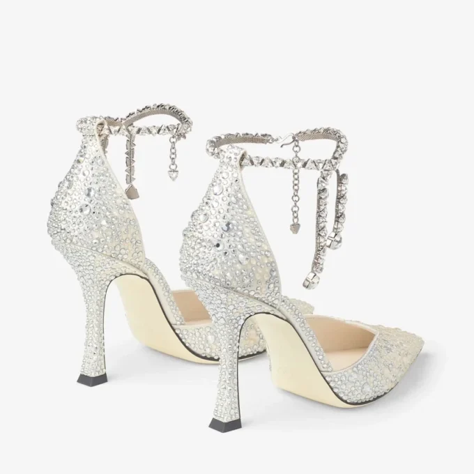 Pantofi cu toc Stevie 100 din satin ivoriu cu cristale