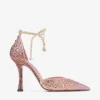 Pantofi cu toc Stevie 100 din satin mătăsos roz pal cu cristale