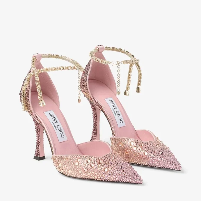Pantofi cu toc Stevie 100 din satin mătăsos roz pal cu cristale