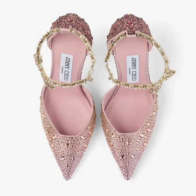 Pantofi cu toc Stevie 100 din satin mătăsos roz pal cu cristale