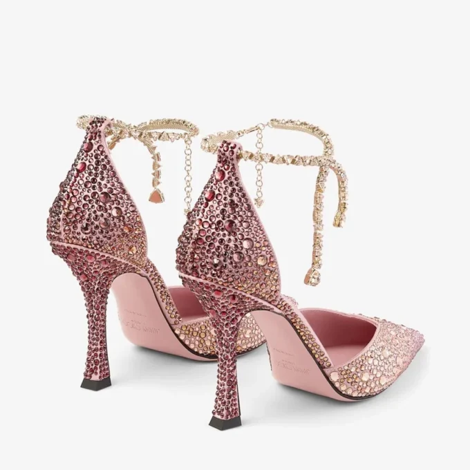 Pantofi cu toc Stevie 100 din satin mătăsos roz pal cu cristale