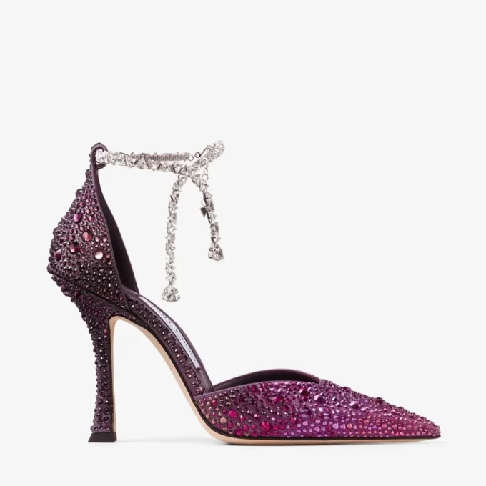 Pantofi cu toc Stevie 100 din satin Winter Bloom și Violet Orchid Mix cu cristale degradate Pantofi cu toc Stevie 100 din satin Winter Bloom și Violet Orchid Mix cu cristale degradate